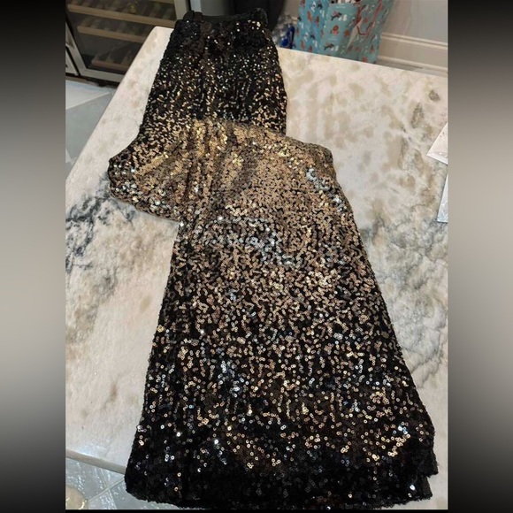 Luxe Glamour Sequin Mesh Wide Leg Palazzo Pants Holiday Evening Green Gold - Picture 12 of 13